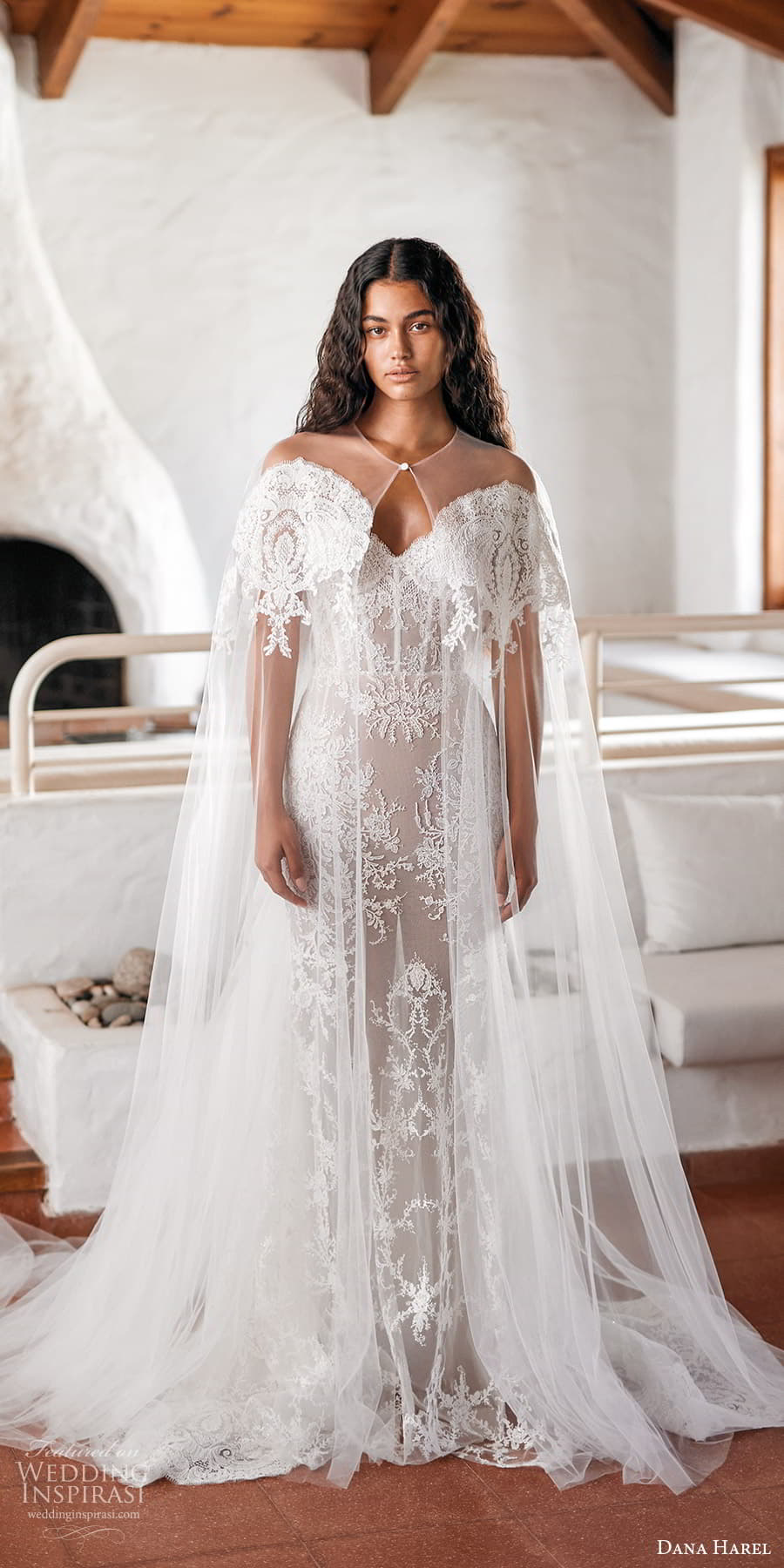 dana harel fall 2023 bridal sheer cape strapless sweetheart neckline embellished lace sheath wedding dress chapel train 1E4A4112 (1) lv dana harel fall 2023 bridal sheer cape strapless sweetheart neckline embellished lace sheath wedding dress chapel train 1E4A4112 (1) lv