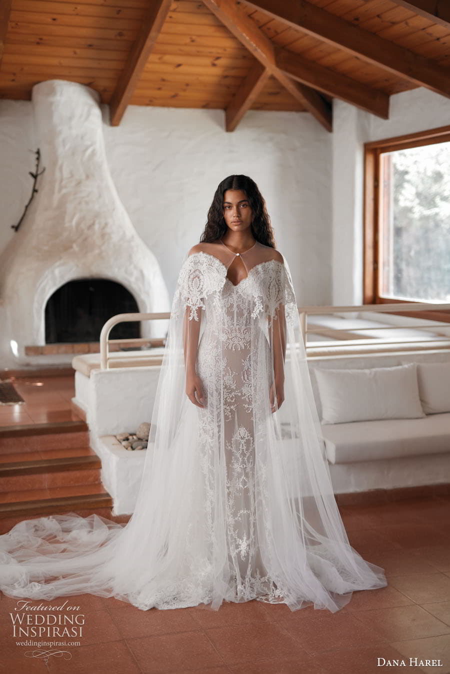 dana harel fall 2023 bridal sheer cape strapless sweetheart neckline embellished lace sheath wedding dress chapel train 1E4A4112 (1) mv