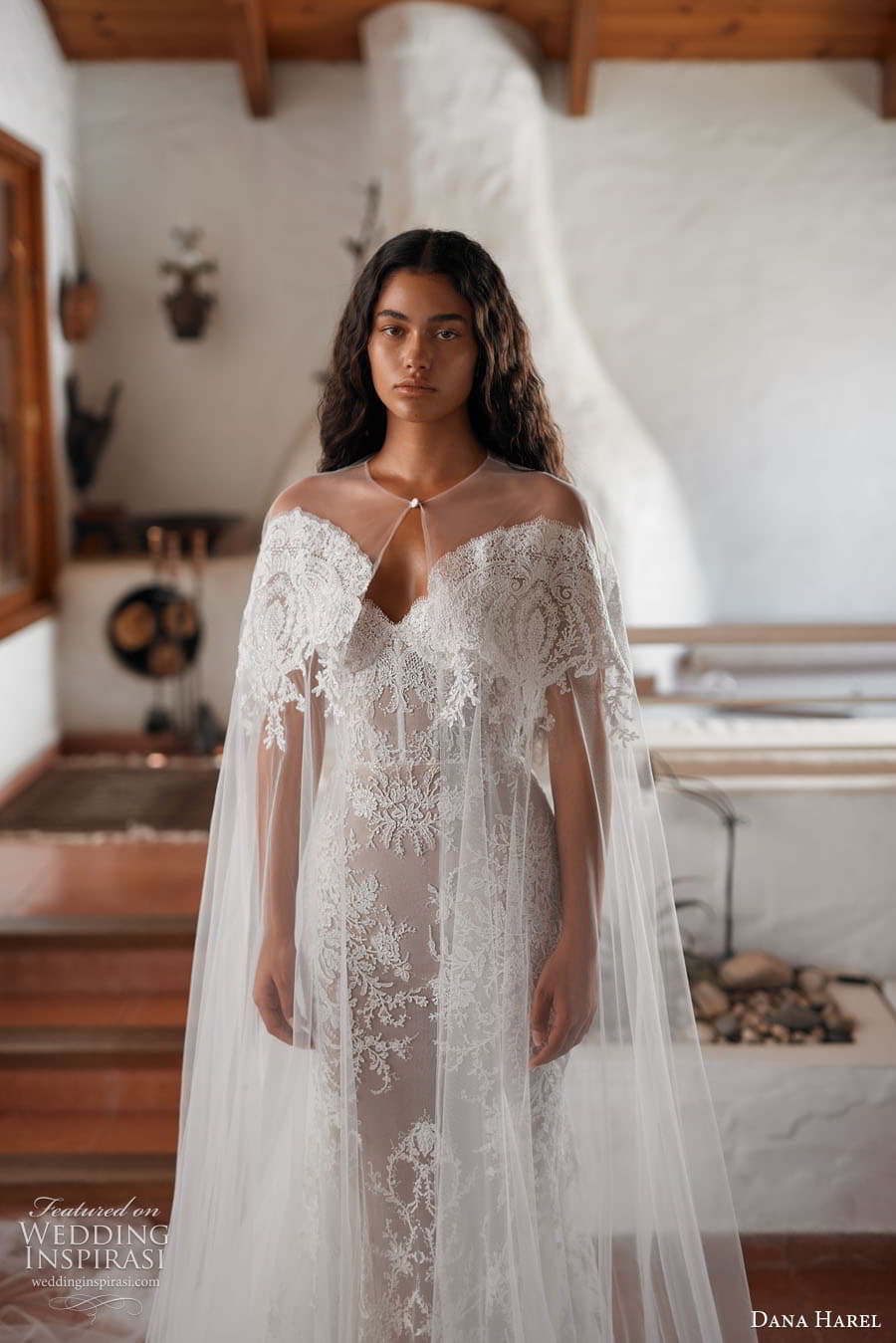 dana harel fall 2023 bridal sheer cape strapless sweetheart neckline embellished lace sheath wedding dress chapel train 1E4A4112 (1) zv dana harel fall 2023 bridal sheer cape strapless sweetheart neckline embellished lace sheath wedding dress chapel train 1E4A4112 (1) zv
