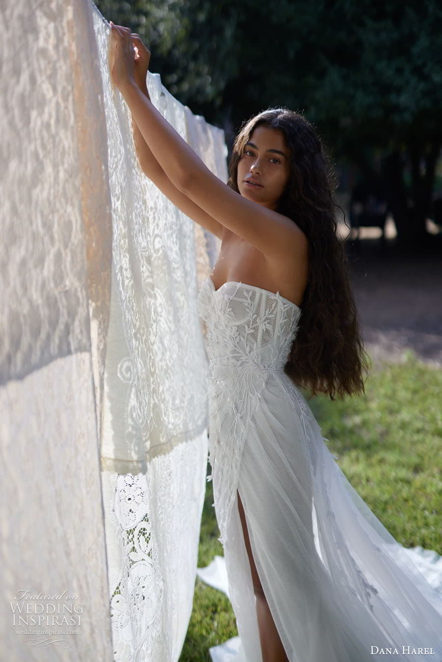 dana harel fall 2023 bridal strapless sweetheart neckline embellished bodice a line fit flare wedding dress chapel train (8) sv dana harel fall 2023 bridal strapless sweetheart neckline embellished bodice a line fit flare wedding dress chapel train (8) sv