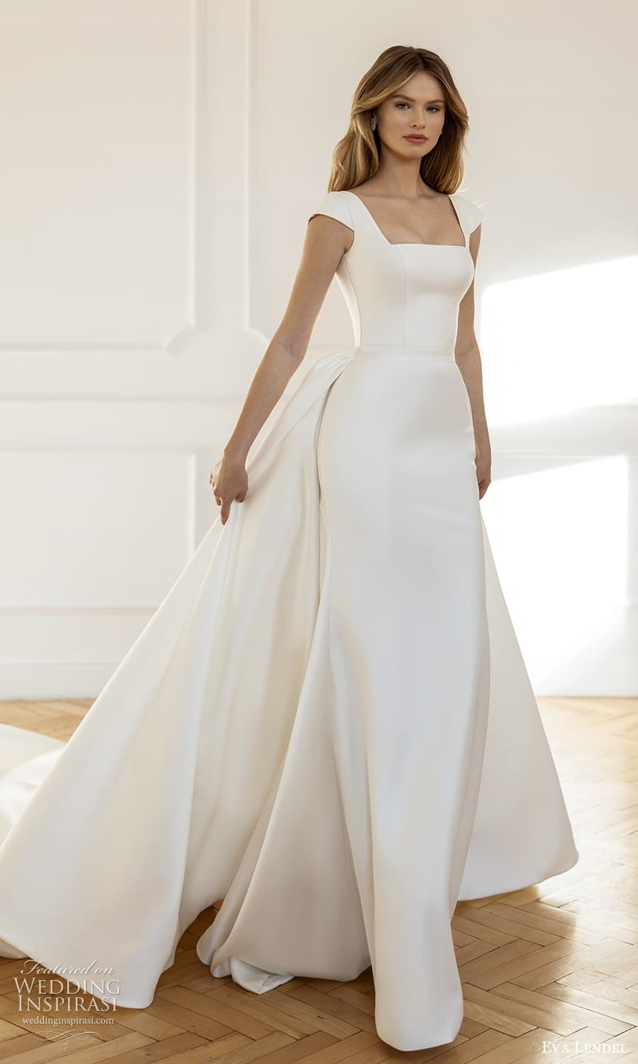 eva lendel fall 2023 bridal cap sleeve square neckline clean minimalist sheath wedding dress a line overskirt chapel train (30) mv