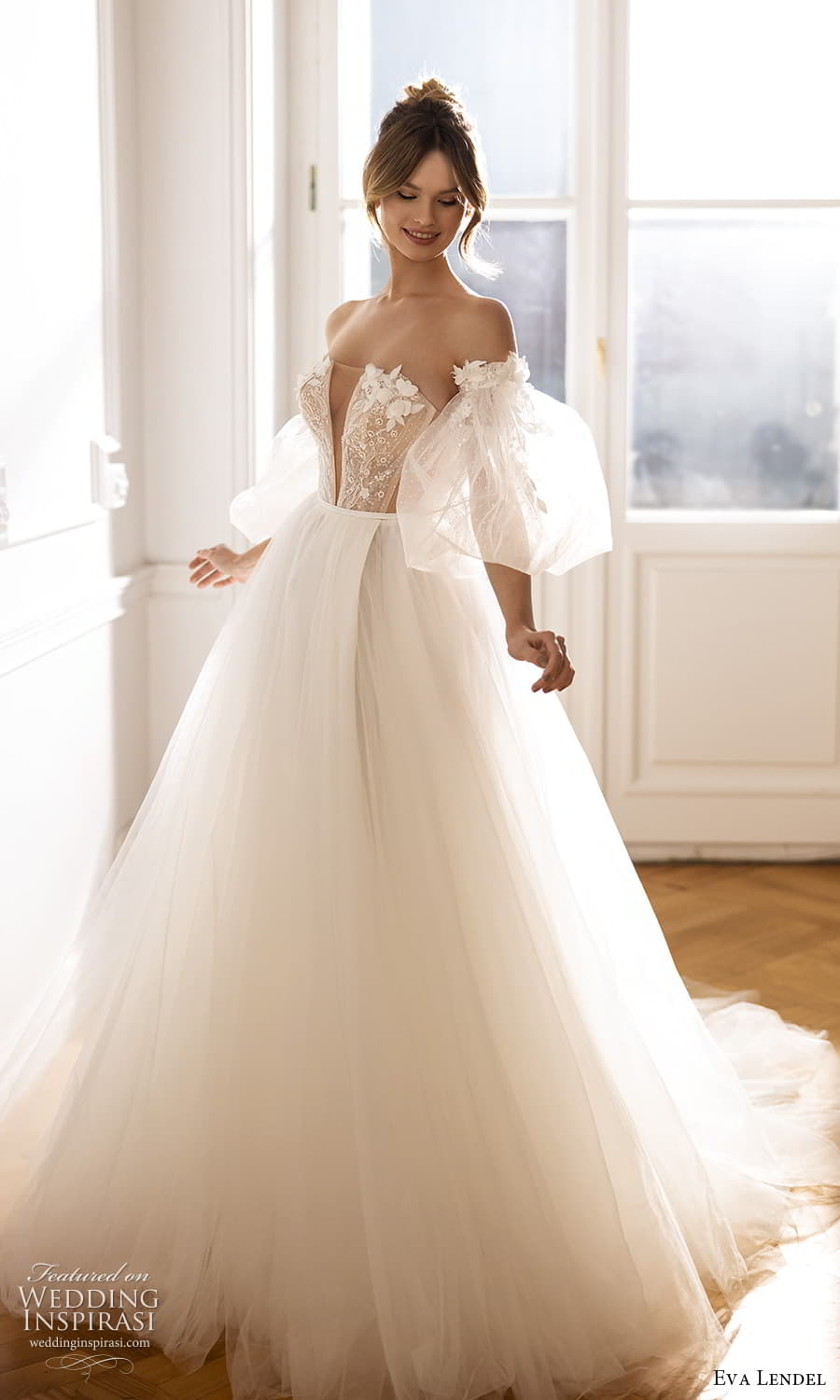 eva lendel fall 2023 bridal detached puff sleeve strapless plunging v neckline embellished bodice ball gown wedding dress chapel train (3) mv