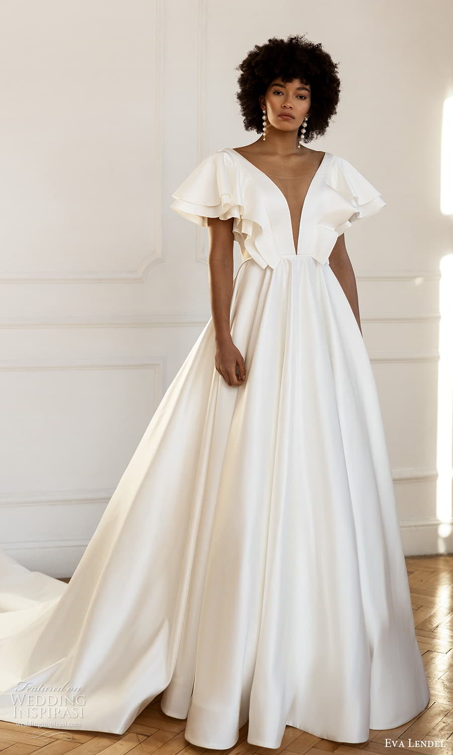 eva lendel fall 2023 bridal flutter sleeve plunging v neckline clean minimalist a line ball gown wedding dress chapel train (18) mv