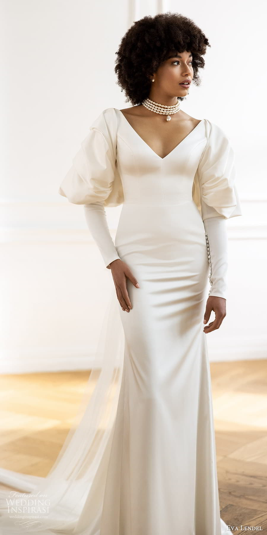 eva lendel fall 2023 bridal long puff sleeve v neckline clean minimalist sheath wedding dress chapel train (6) mv