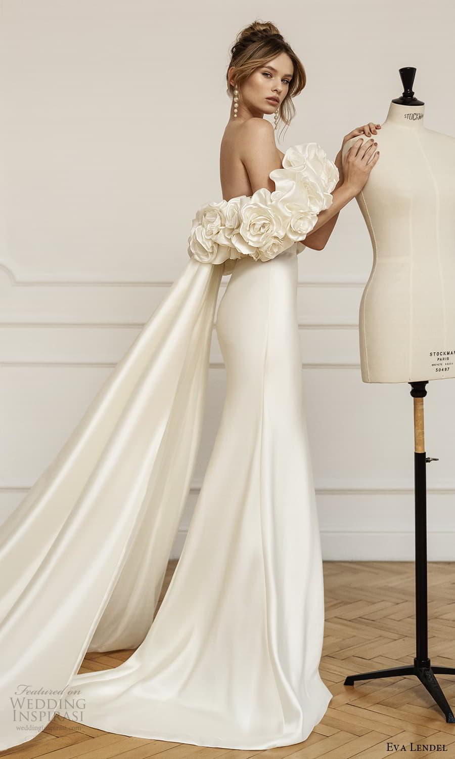 eva lendel fall 2023 bridal off shoulder floral strap clean minimalist sheath wedding dress chapel train (36) mv