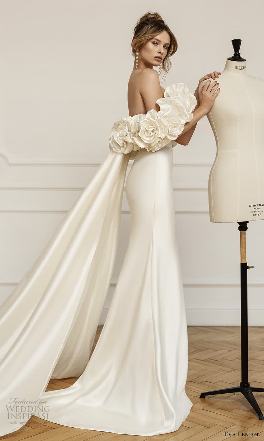 eva lendel fall 2023 bridal off shoulder floral strap clean minimalist sheath wedding dress chapel train (36) mv eva lendel fall 2023 bridal off shoulder floral strap clean minimalist sheath wedding dress chapel train (36) mv