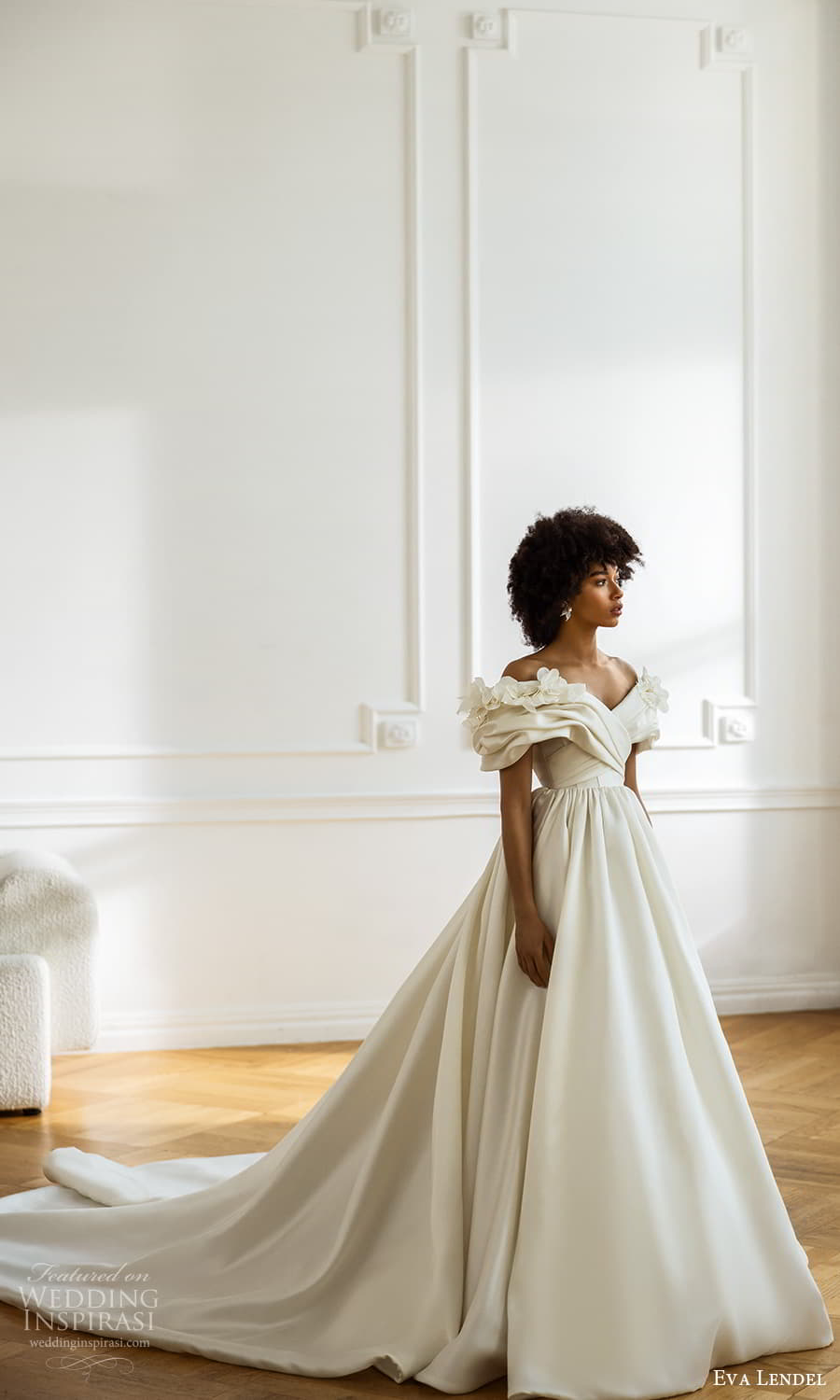 eva lendel fall 2023 bridal off shoulder puff sleeve surplice v neckline clean minimalist a line ball gown wedding dress cathedral train (13) mv eva lendel fall 2023 bridal off shoulder puff sleeve surplice v neckline clean minimalist a line ball gown wedding dress cathedral train (13) mv