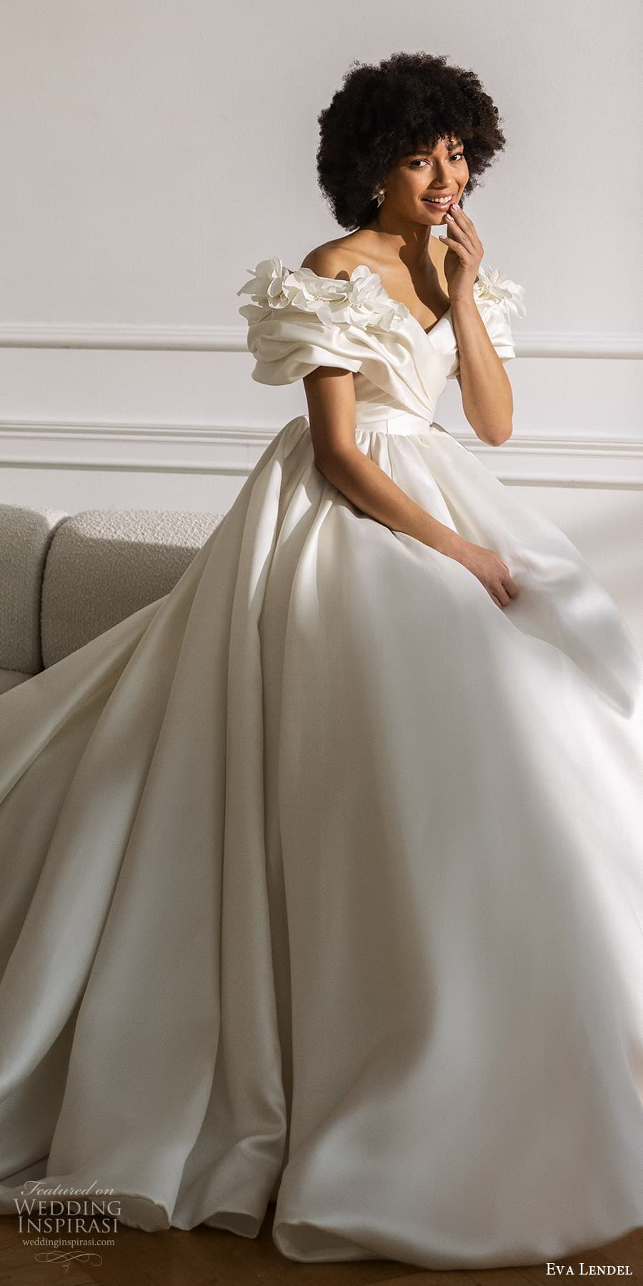 eva lendel fall 2023 bridal off shoulder puff sleeve surplice v neckline clean minimalist a line ball gown wedding dress cathedral train (13) sv eva lendel fall 2023 bridal off shoulder puff sleeve surplice v neckline clean minimalist a line ball gown wedding dress cathedral train (13) sv
