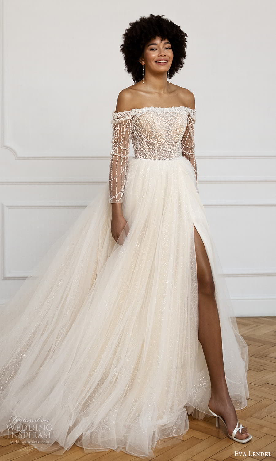 eva lendel fall 2023 bridal off shoulder sheer sleeves straight neckline heavily embellished bodice a line ball gown wedding dress chapel train slit skirt (16) mv