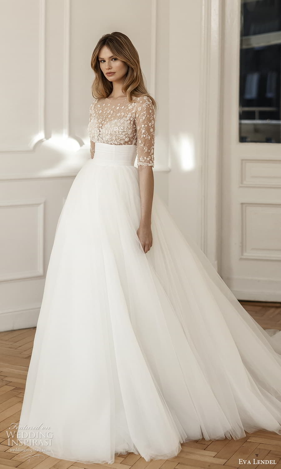 eva lendel fall 2023 bridal sheer elbow half sleeve top jewel neckline clean skirt a line ball gown wedding dress chapel train (29) mv