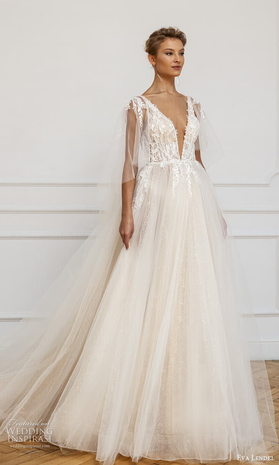 eva lendel fall 2023 bridal sheer flutter sleeve plunging v neckline embellished bodice a line ball gown wedding dress chapel train (25) mv