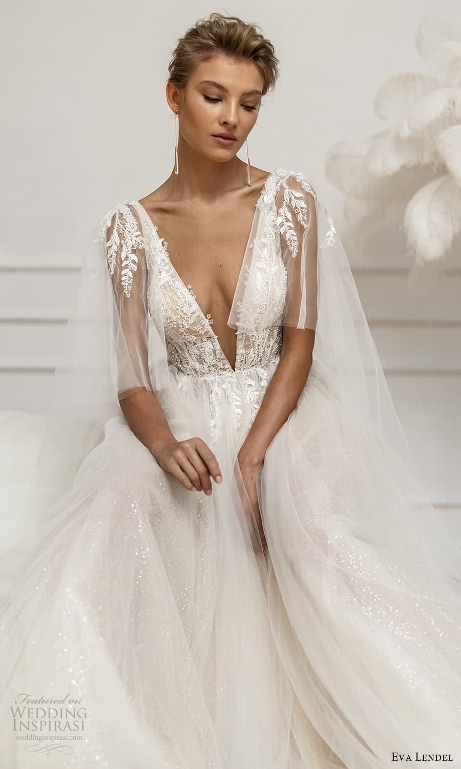 eva lendel fall 2023 bridal sheer flutter sleeve plunging v neckline embellished bodice a line ball gown wedding dress chapel train (25) zv