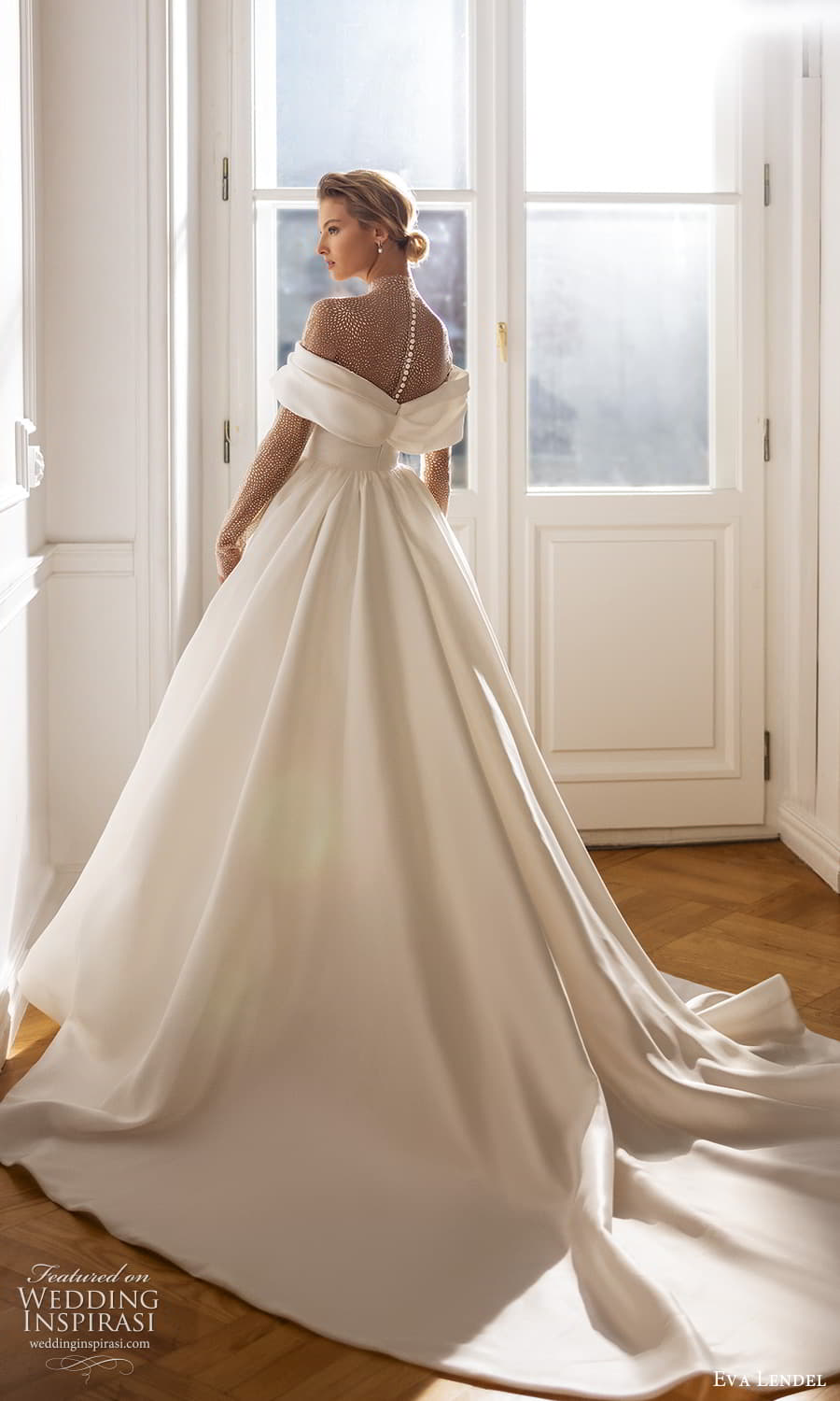 eva lendel fall 2023 bridal sheer long sleeve off shoulder neckline embellished bodice clean minimalist a line ball gown wedding dress chapel train (1) bv