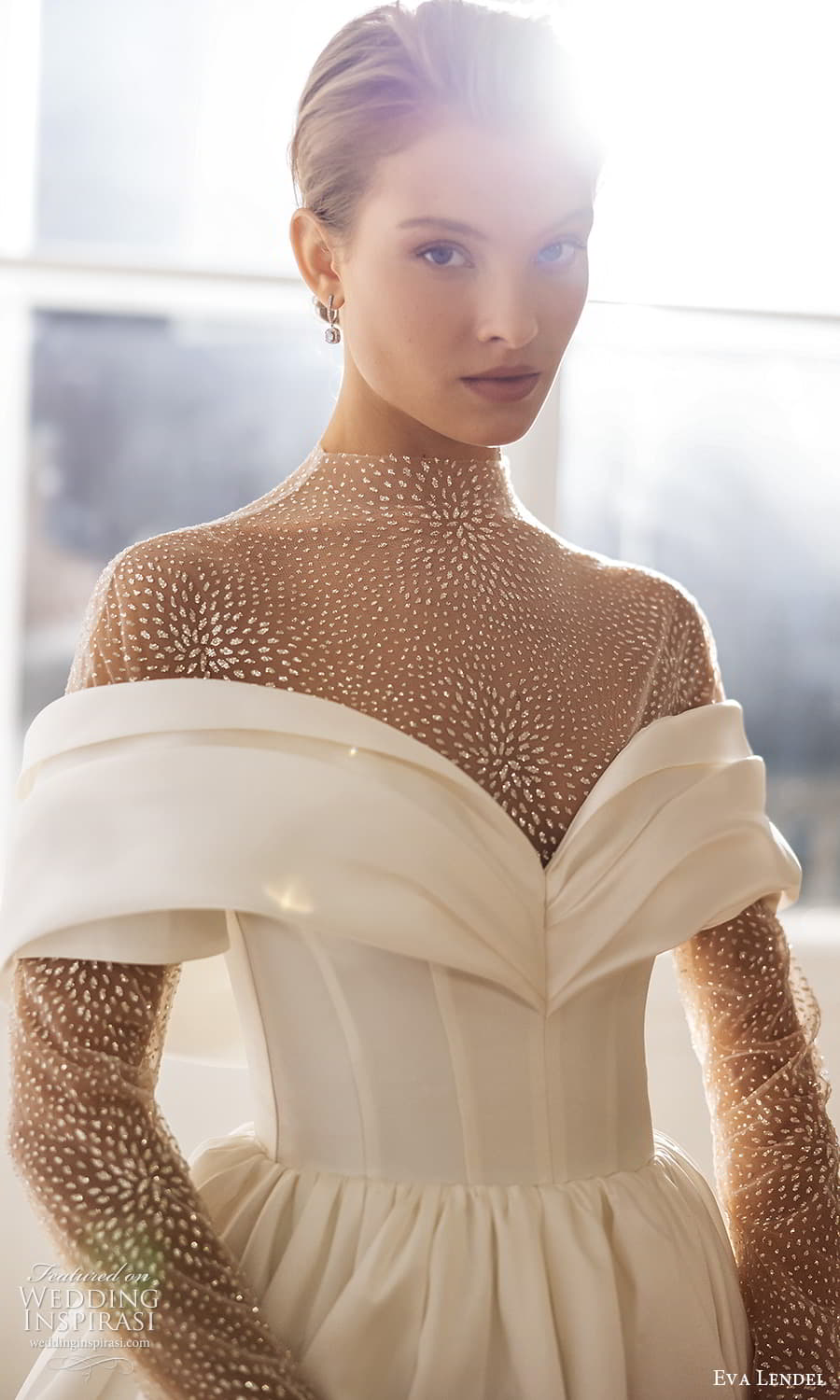 eva lendel fall 2023 bridal sheer long sleeve off shoulder neckline embellished bodice clean minimalist a line ball gown wedding dress chapel train (1) zv