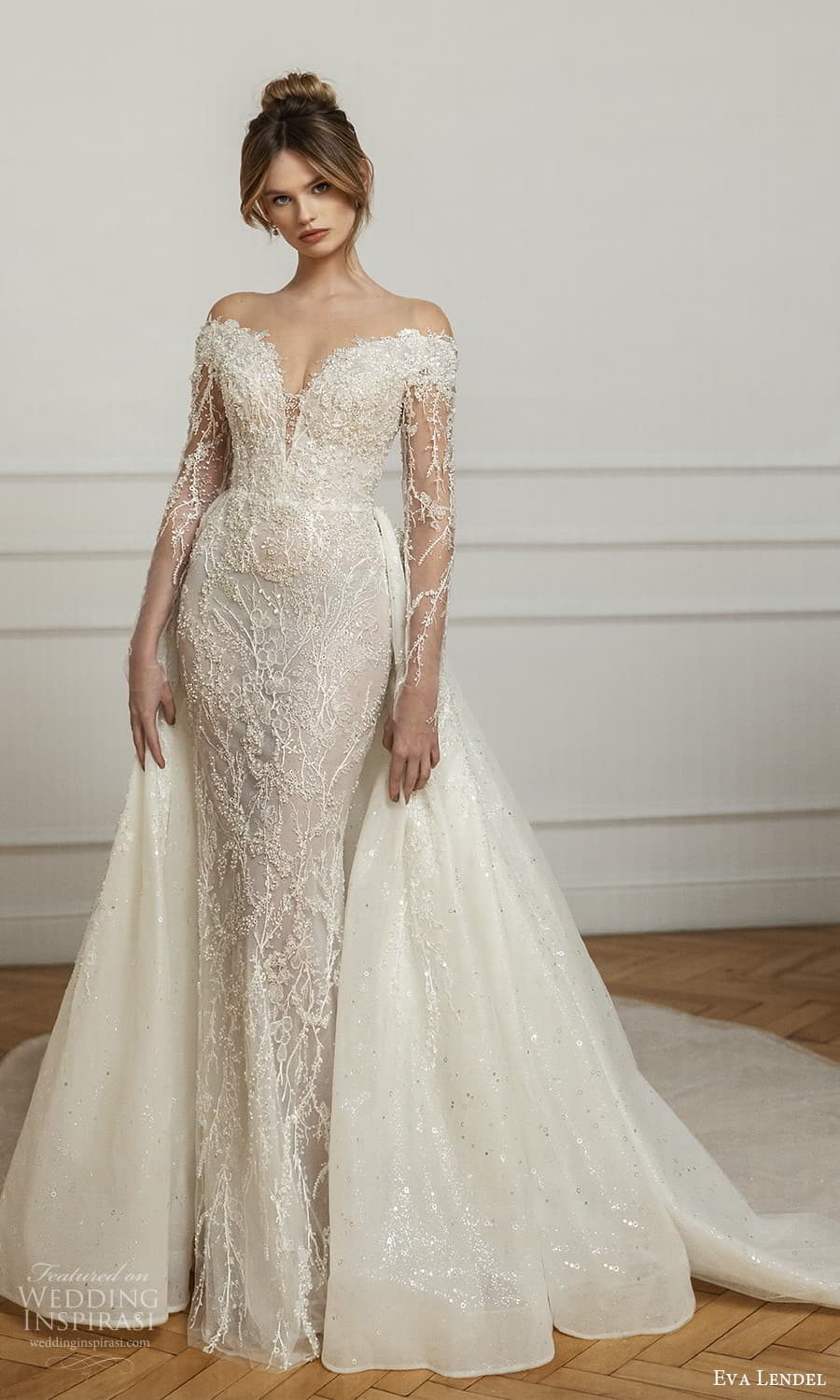 eva lendel fall 2023 bridal sheer long sleeve off shoulder sweetheart neckline embellished sheath wedding dress a line ball gown overskirt chapel train (12) mv