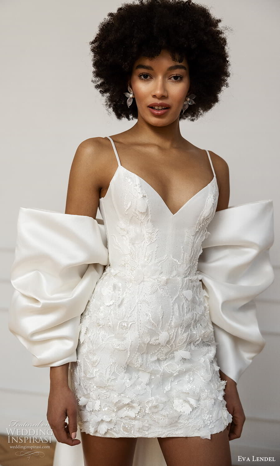 eva lendel fall 2023 bridal sleeveless strap sweetheart neckline short wedding dress puff coat (20) mv