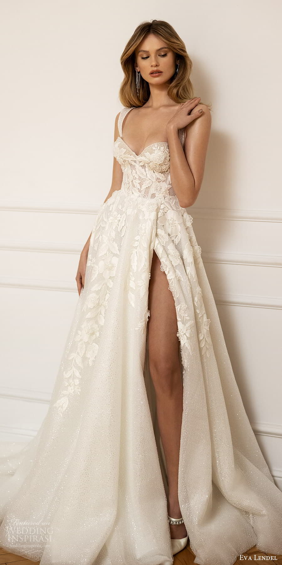 eva lendel fall 2023 bridal sleeveless thick straps sweetheart neckline embellished bodice a line ball gown wedding dress chapel train slit skirt (24) mv