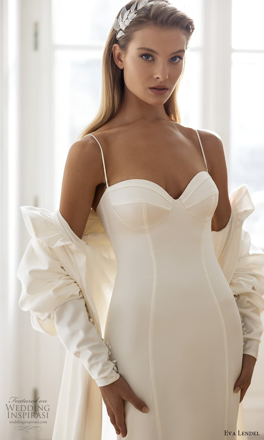 eva lendel fall 2023 bridal sleeveless thin strap sweetheart neckline clean minimalist fit flare mermaid wedding dress chapel train coat (4) zv