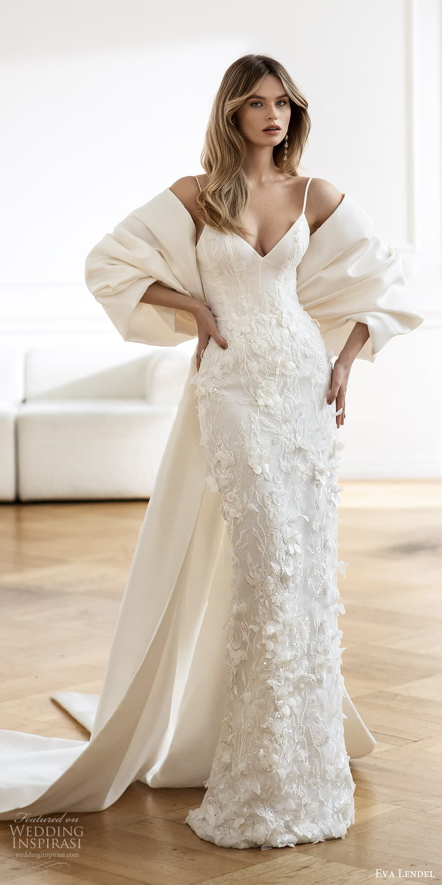 eva lendel fall 2023 bridal sleeveless thin straps v neckline embellished sheath wedding dress chapel train puff sleeve coat (21) mv