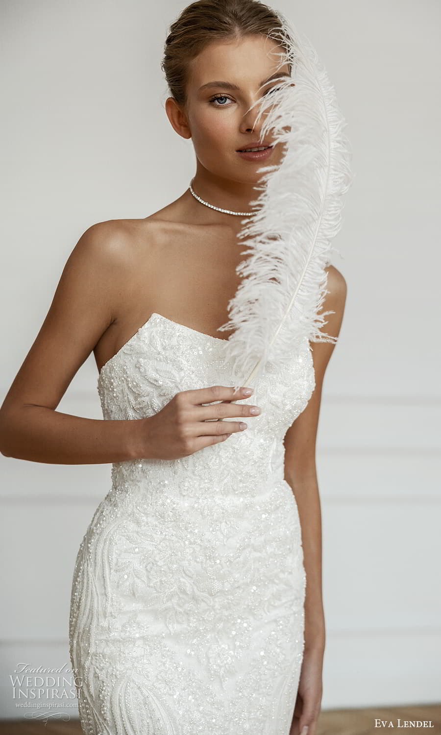 eva lendel fall 2023 bridal strapless scoop neckline fully embellished sheath wedding dress chapel train (27) mv