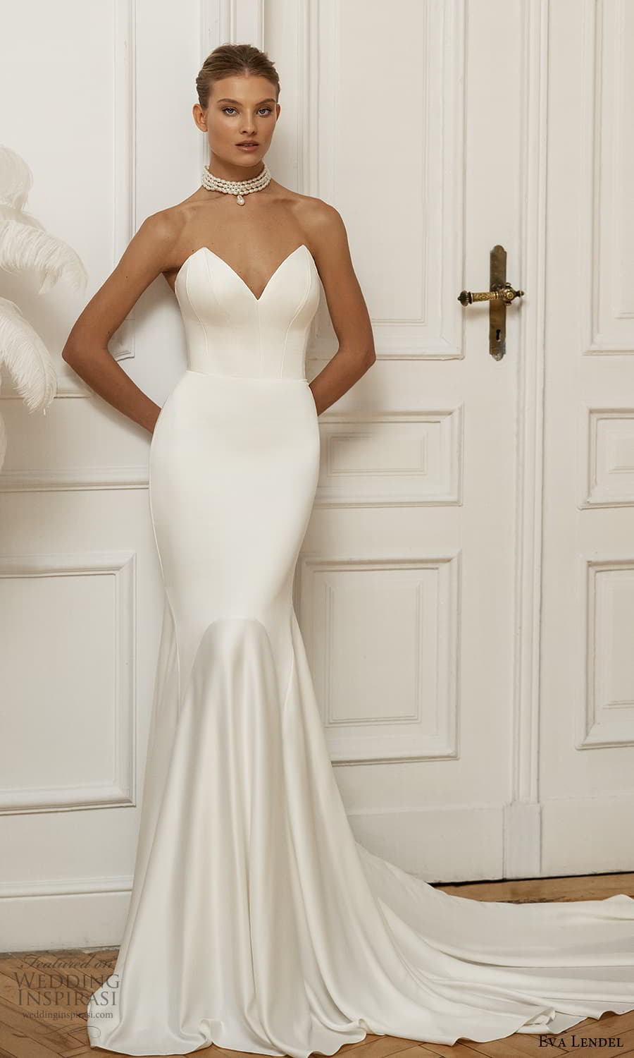 eva lendel fall 2023 bridal straplress sweetheart neckline clean minimalist sheath wedding dress cathedreal train (9) mv