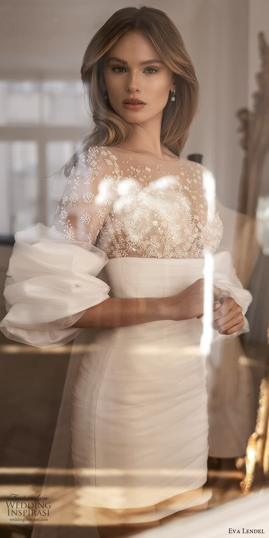 half sleeve sheer top jewel neckline short wedding dress (37) mv