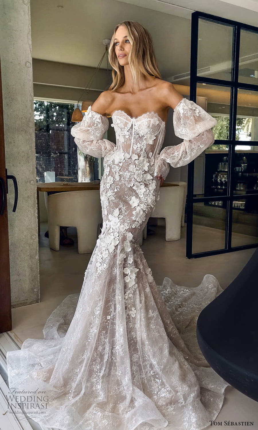 tom sebastien fall 2023 bridal detached puff sleeve strapless sweeheart neckline embellished bodice fit flare mermaid wedding dress chapel train (3) mv