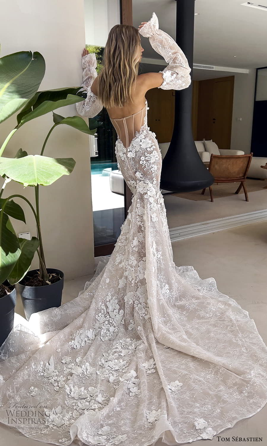 tom sebastien fall 2023 bridal detached puff sleeve strapless sweeheart neckline embellished bodice fit flare mermaid wedding dress chapel train sheer back (3) bv