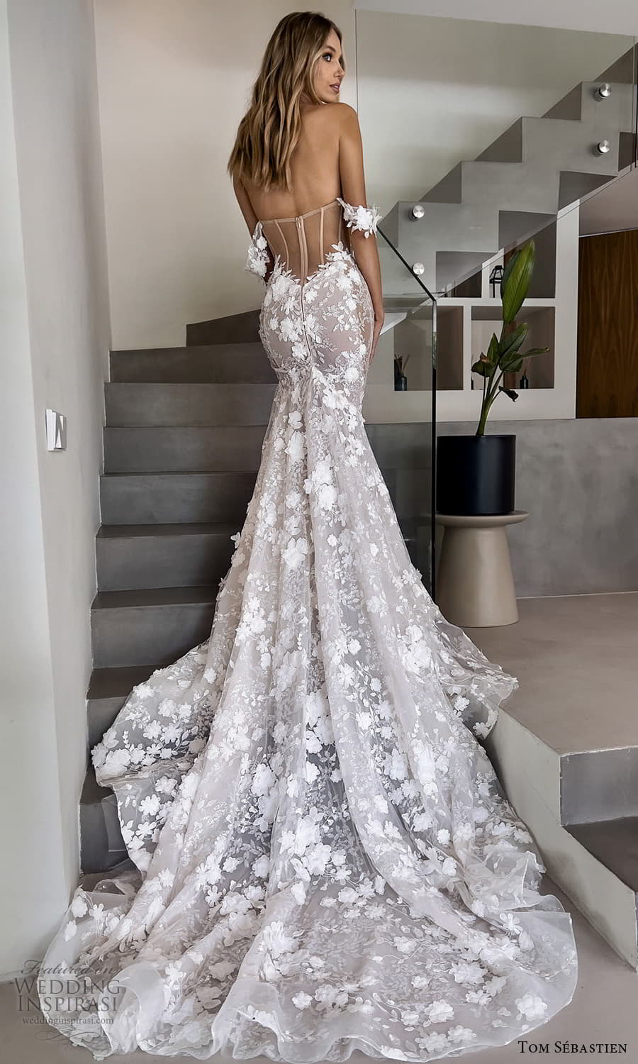 tom sebastien fall 2023 bridal off shoulder strap swag sleeve strapless sweetheart neckline fully embellished fit flare sheath weddng dress chapel train sheer back (11) bv