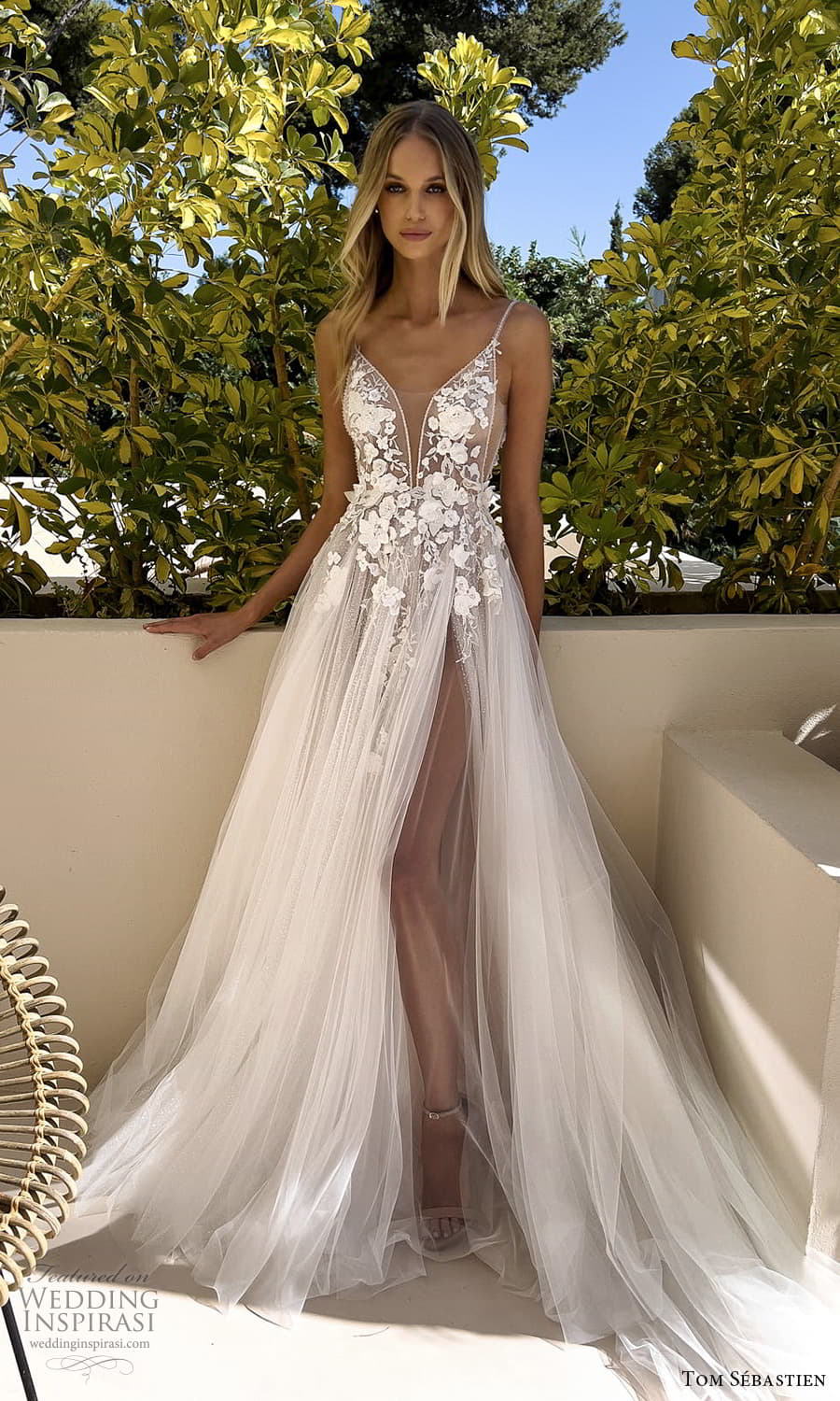 tom sebastien fall 2023 bridal sleeveless strap plunging v neckline embellished bodice a line ball gown wedding dress chapel train (8) mv