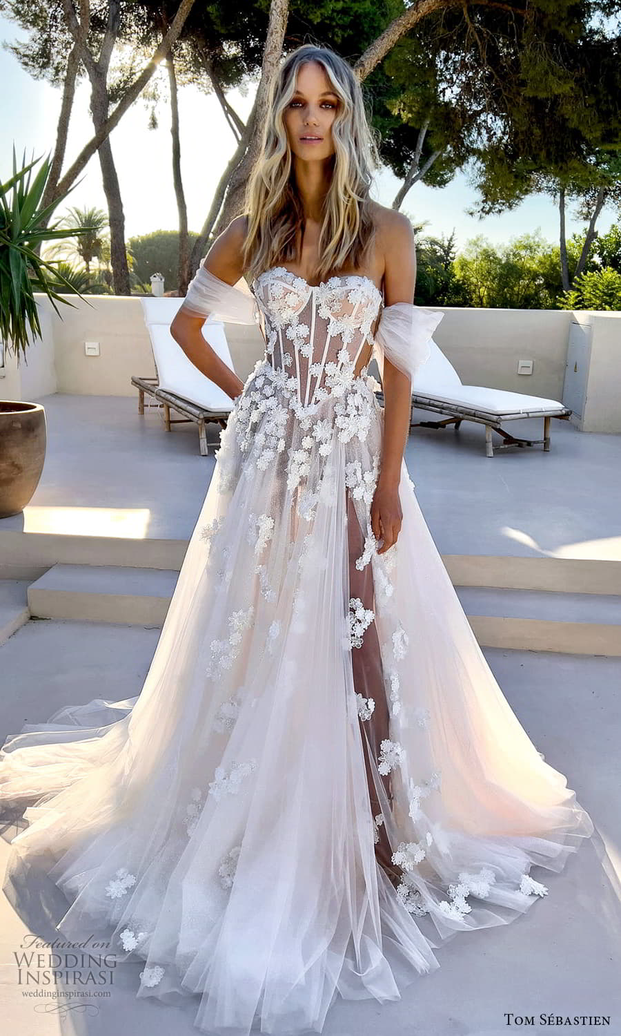 tom sebastien fall 2023 bridal strapless sweetheart neckline sheer corset bodice a line ball gown wedding dress chapel train (5) mv