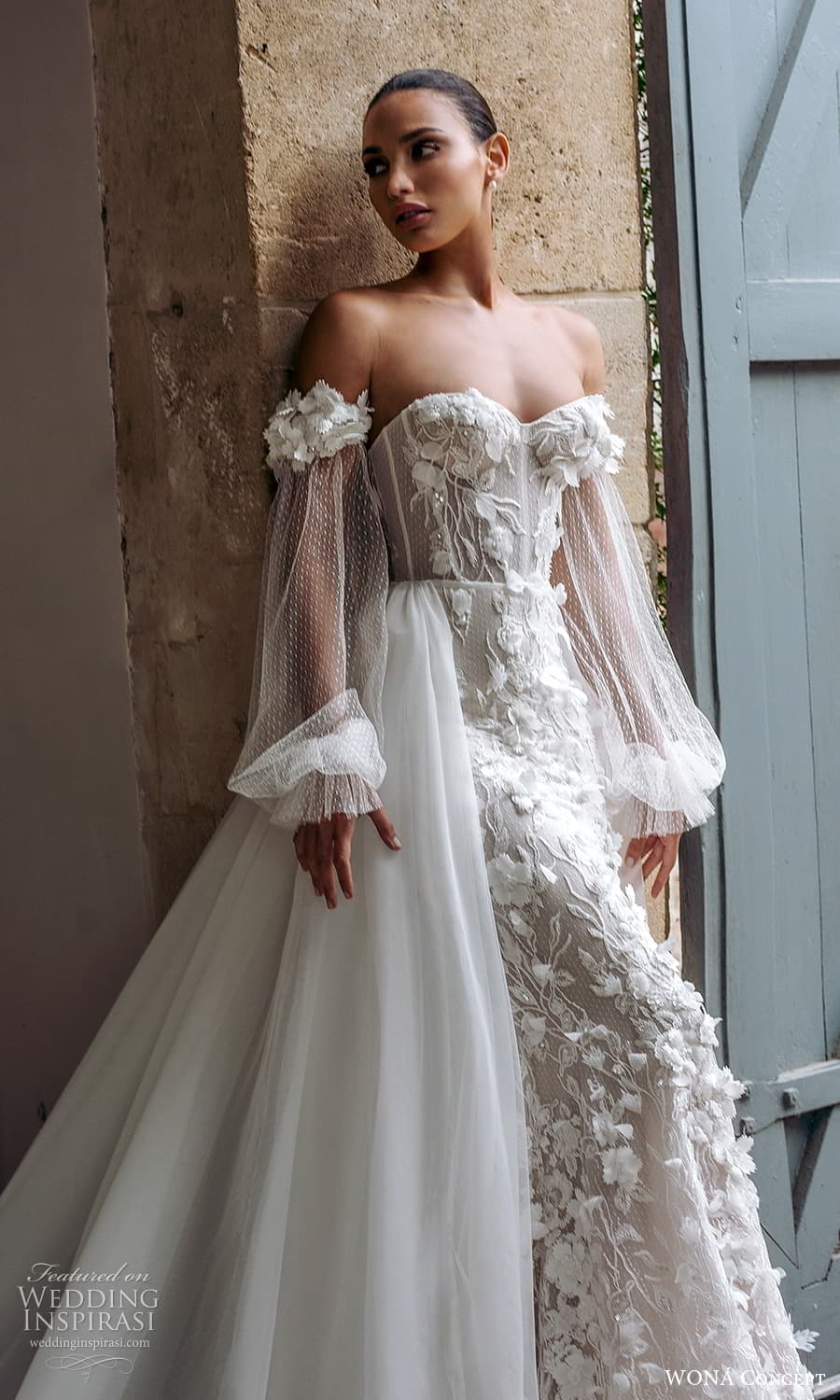 wona atelier 2023 bridal detached puff sleeves strapless sweetheart neckline embellished sheath wedding dress a line overskirt (6) mv