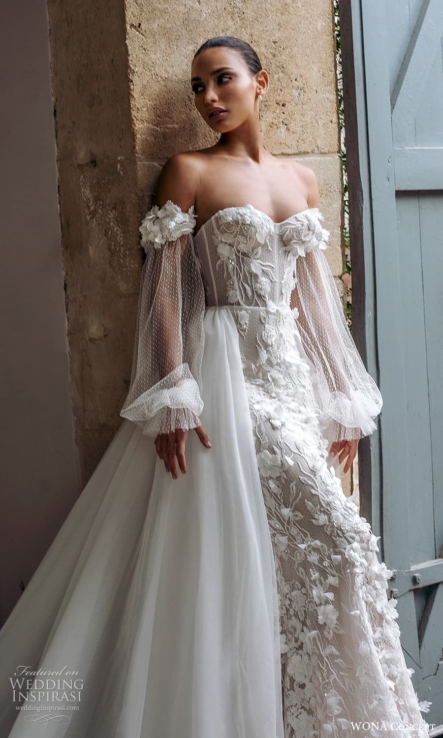 wona atelier 2023 bridal detached puff sleeves strapless sweetheart neckline embellished sheath wedding dress a line overskirt (6) mv wona atelier 2023 bridal detached puff sleeves strapless sweetheart neckline embellished sheath wedding dress a line overskirt (6) mv