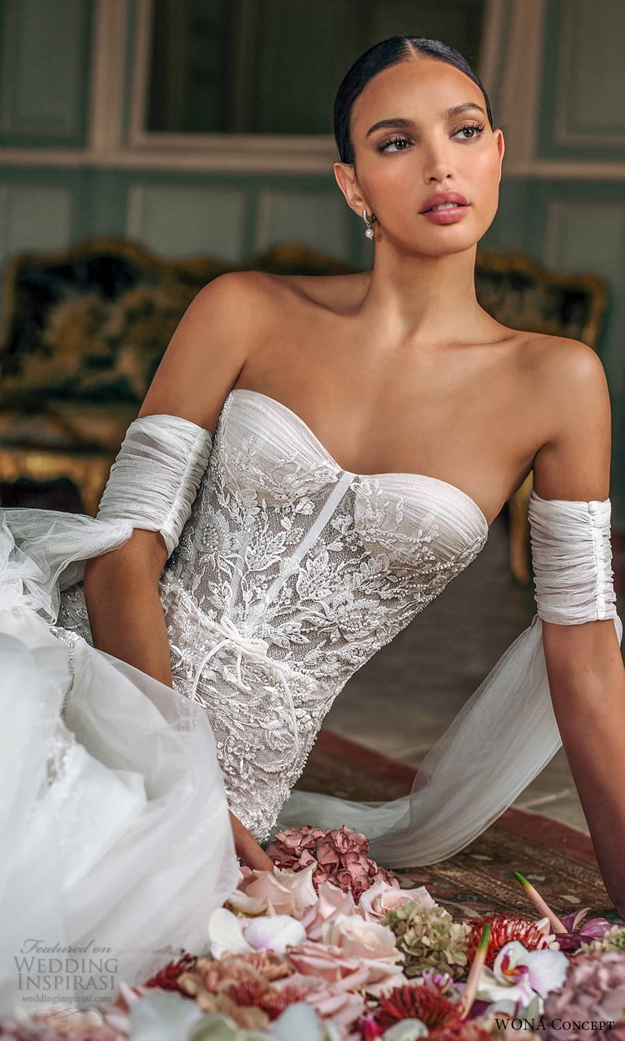 wona atelier 2023 bridal detached sleeve strapless semi sweetheart neckline embellished bodice fit flare mermaid wedding dress chapel train (16) mv