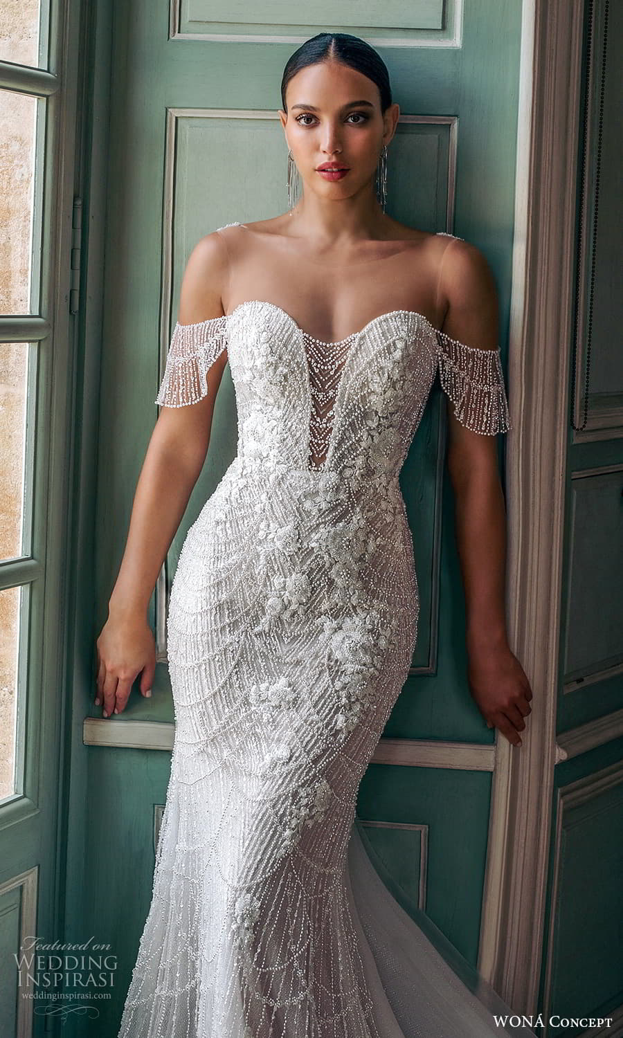 wona atelier 2023 bridal flutter sleeve sweetheart neckline fully embellished sheath wedding dress chapel train (11) zv