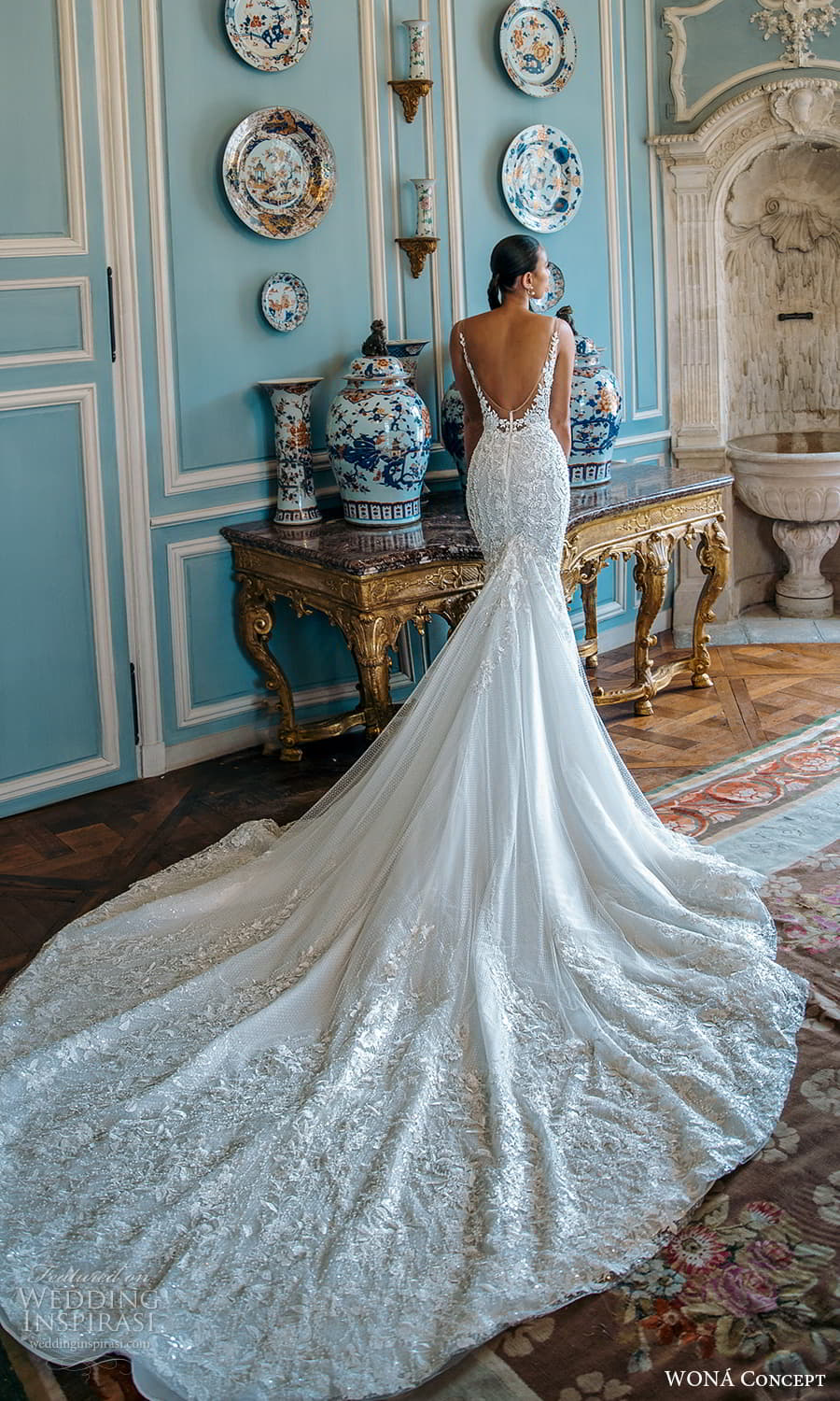 wona atelier 2023 bridal sleeveless strap plunging v neckline embellished fit flare mermaid wedding dress cathedral train (10) Bv