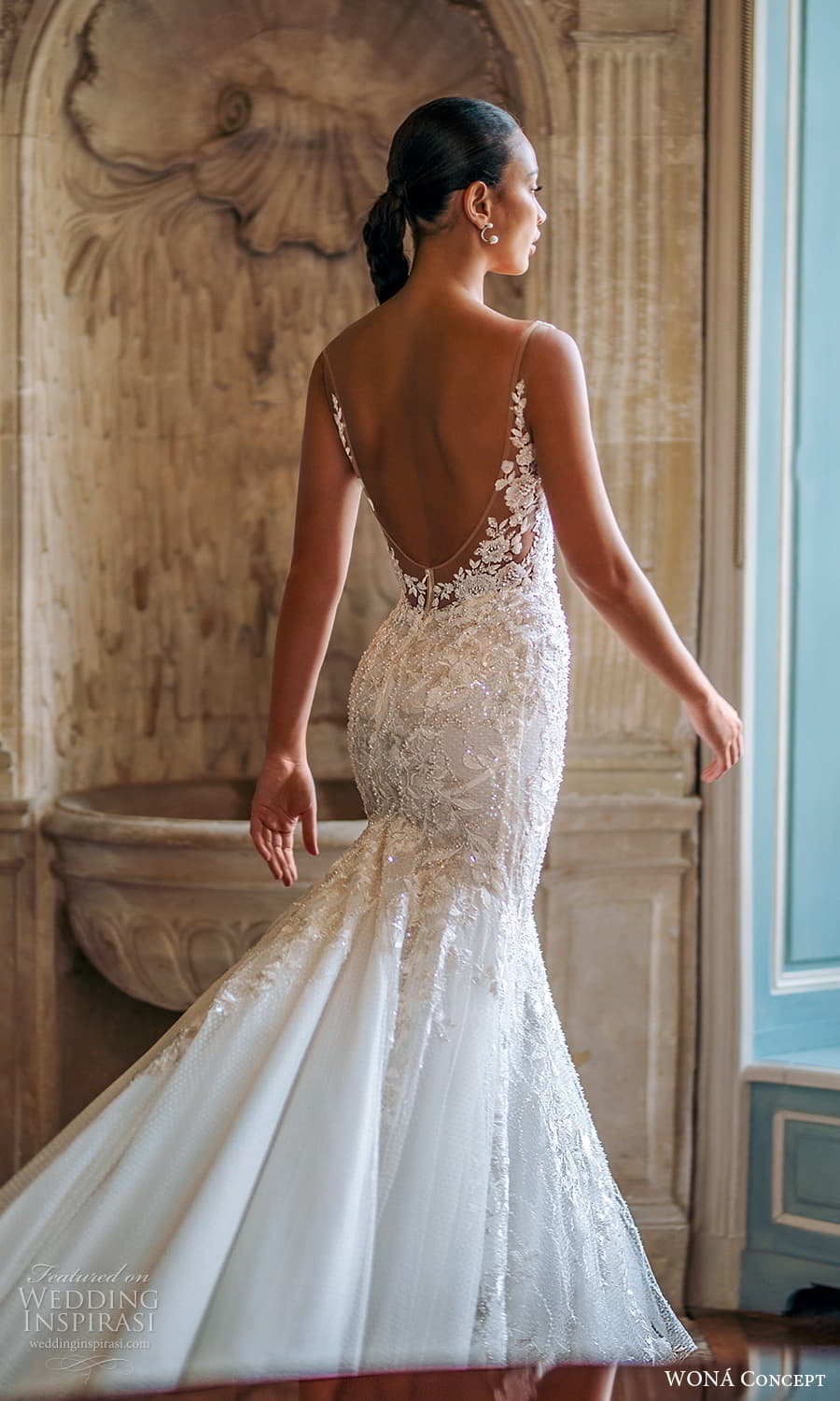 wona atelier 2023 bridal sleeveless strap plunging v neckline embellished fit flare mermaid wedding dress cathedral train (10) zbv