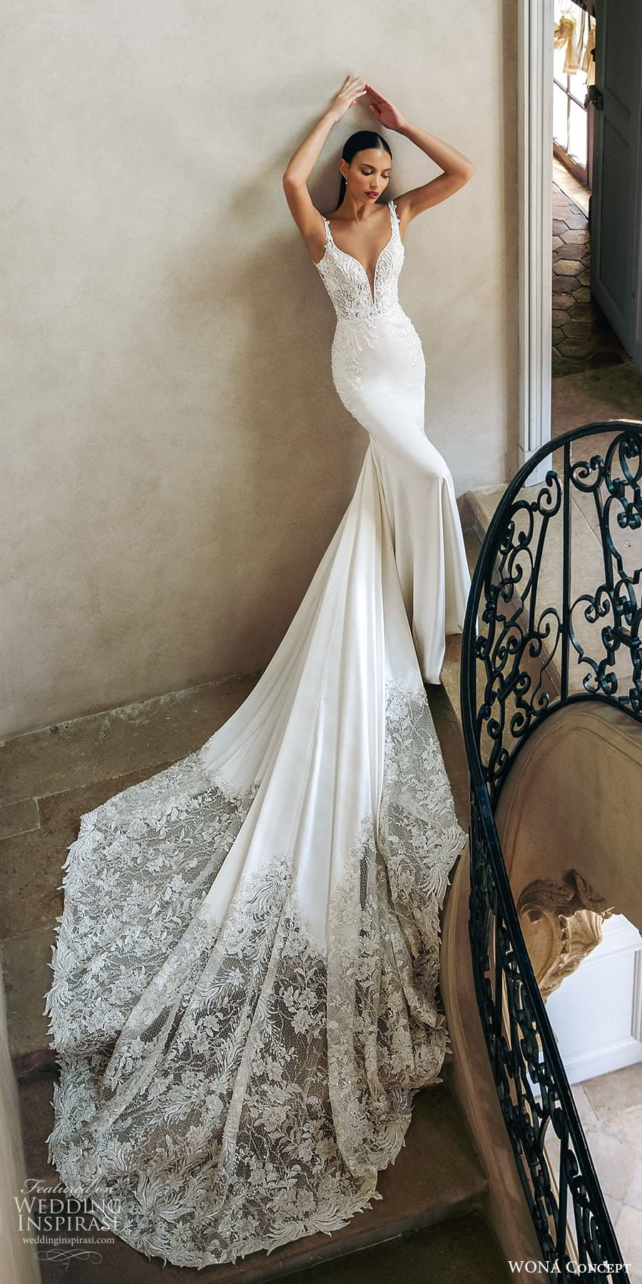 wona atelier 2023 bridal sleeveless strap plunging v neckline heavily embellished bodice clean skirt sheath wedding dress chapel train (4) mv