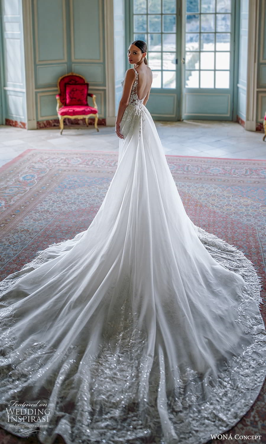 wona atelier 2023 bridal sleeveless strap plunging v neckline heavily embellished bodice clean skirt sheath wedding dress chapel train a line overskirt (4) bv wona atelier 2023 bridal sleeveless strap plunging v neckline heavily embellished bodice clean skirt sheath wedding dress chapel train a line overskirt (4) bv