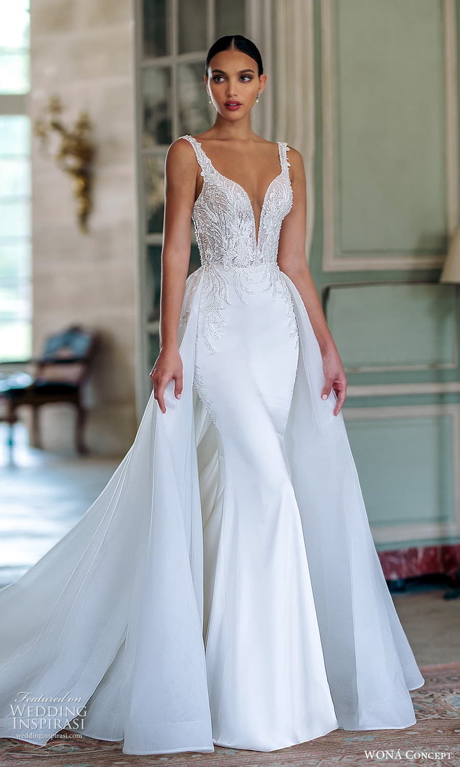 wona atelier 2023 bridal sleeveless strap plunging v neckline heavily embellished bodice clean skirt sheath wedding dress chapel train a line overskirt (4) mv wona atelier 2023 bridal sleeveless strap plunging v neckline heavily embellished bodice clean skirt sheath wedding dress chapel train a line overskirt (4) mv