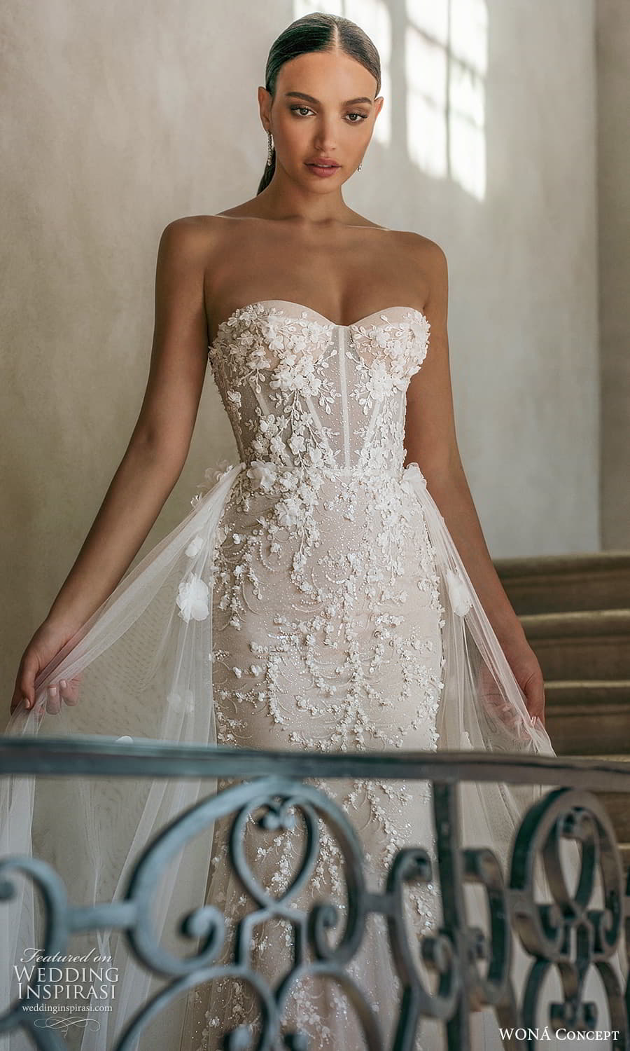 wona atelier 2023 bridal strapless sweetheart neckline fully embellished sheath wedding dress a line overskirt chapel train (5) fv wona atelier 2023 bridal strapless sweetheart neckline fully embellished sheath wedding dress a line overskirt chapel train (5) fv
