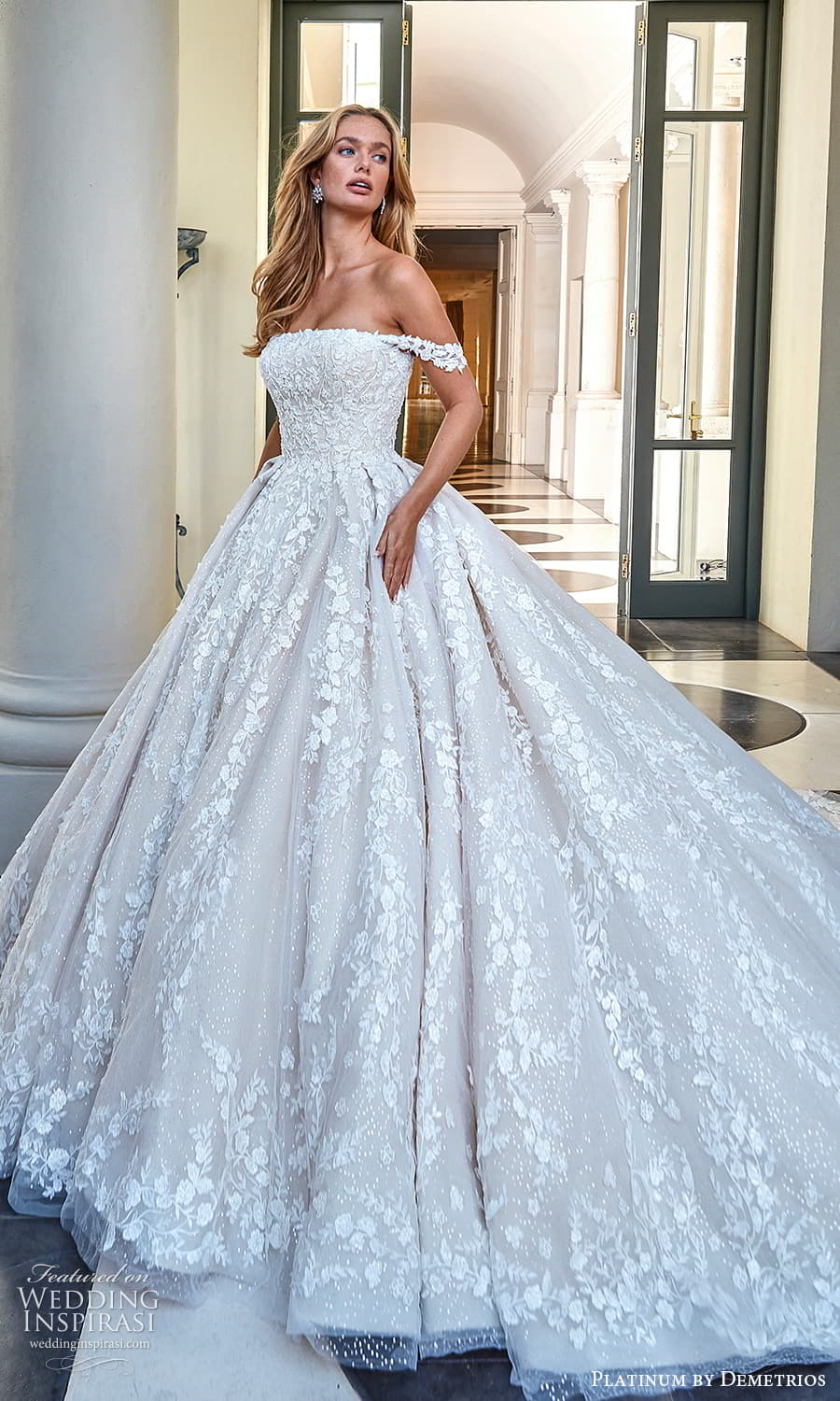 demetrios 2023 platinum bridal off shoulder strap straight across neckline fully embellished ball gown wedding dress chapel train (14) mv