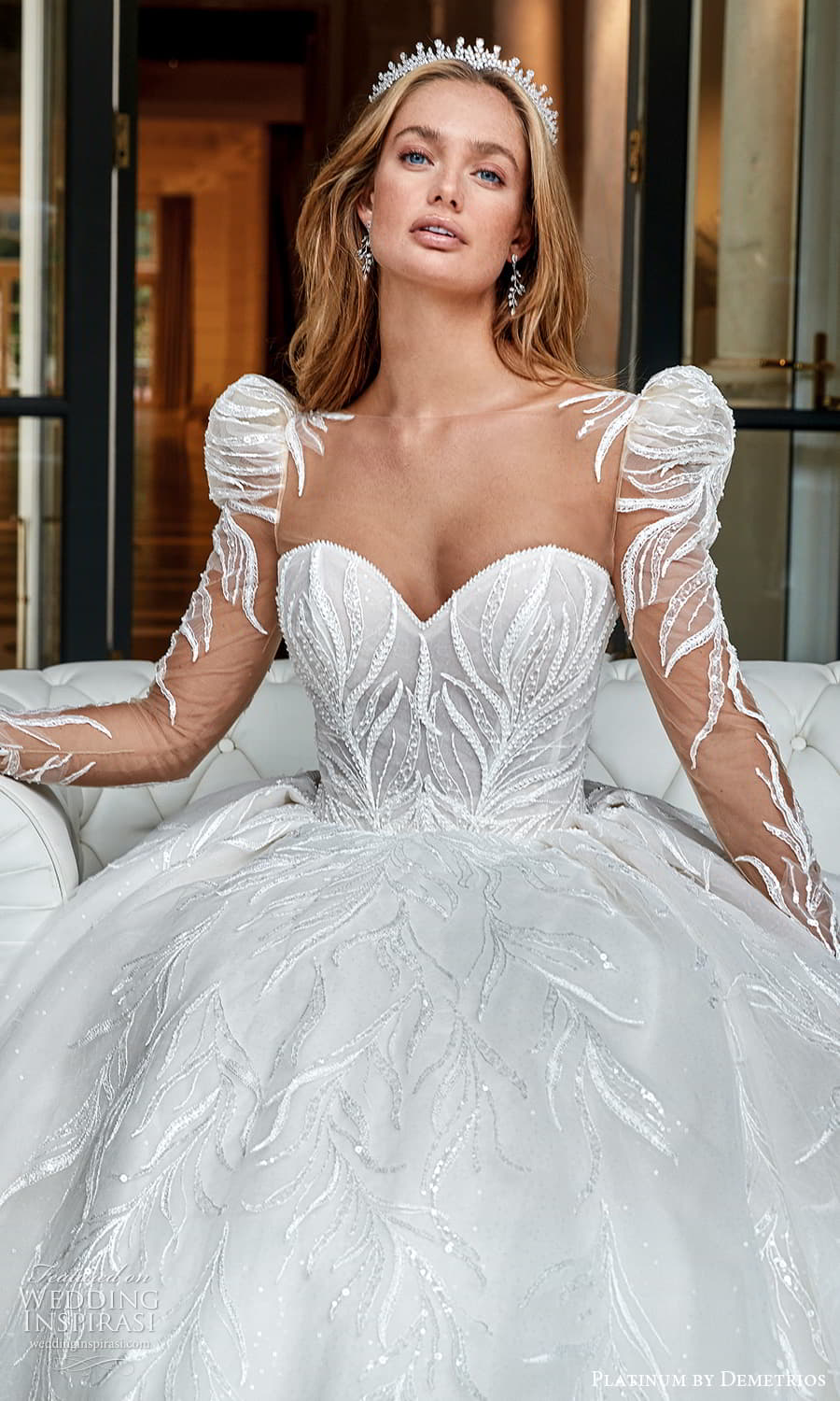 demetrios 2023 platinum bridal sheer long puff sleeve sweetheart neckline heavily embellished bodice a line ball gown wedding dress chapel train (1) mv