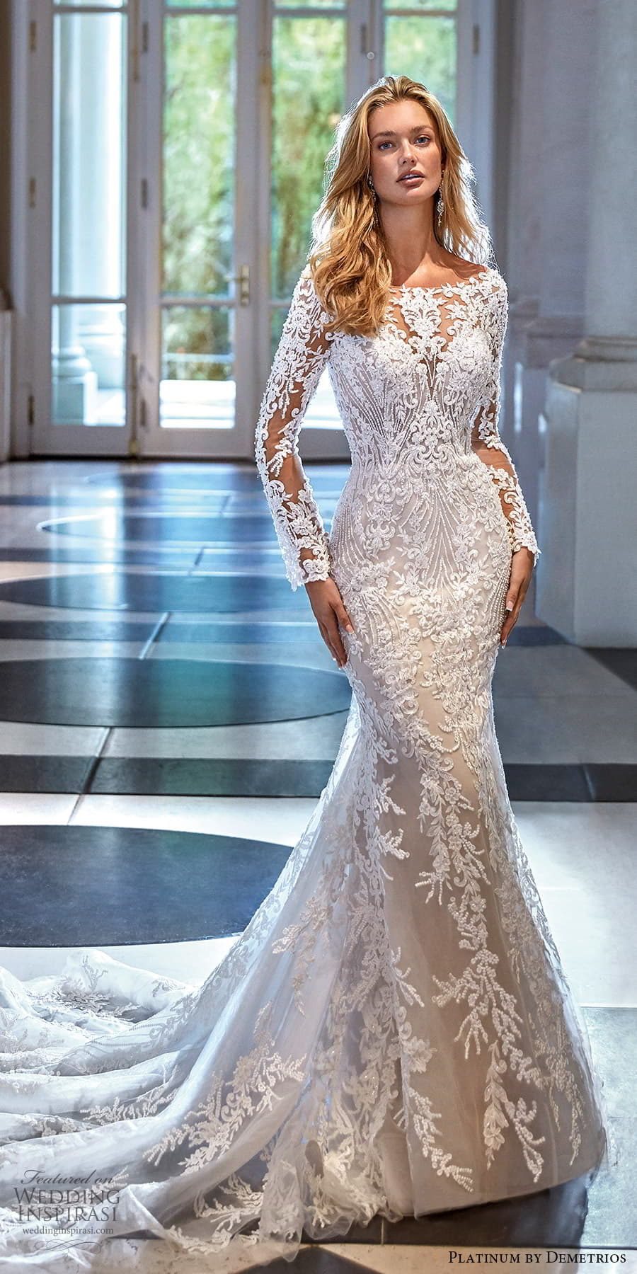 demetrios 2023 platinum bridal sheer long sleeve bateau neckline fully embellished lace sheath wedding dress chapel train (13) mv