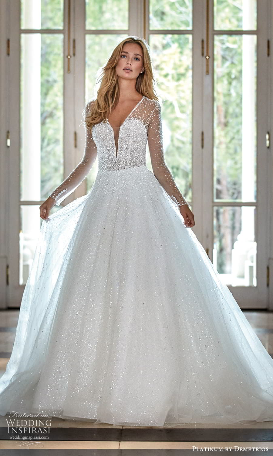 demetrios 2023 platinum bridal sheer long sleeve plunging v neckline embellished bodice a line ball gown wedding dress chapel train (2) mv demetrios 2023 platinum bridal sheer long sleeve plunging v neckline embellished bodice a line ball gown wedding dress chapel train (2) mv
