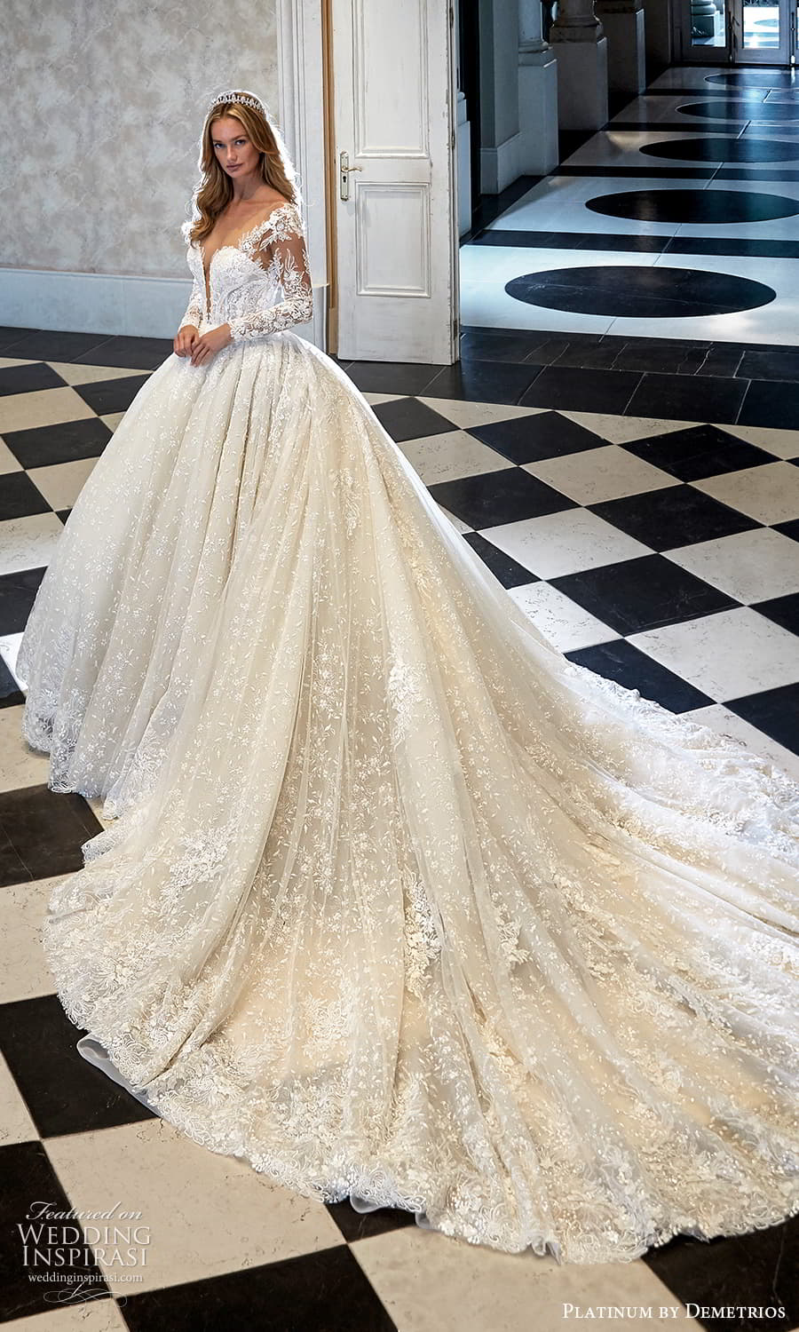 demetrios 2023 platinum bridal sheer long sleeve plunging v neckline fully embellished a line ball gown wedding dress chapel train (12) sv
