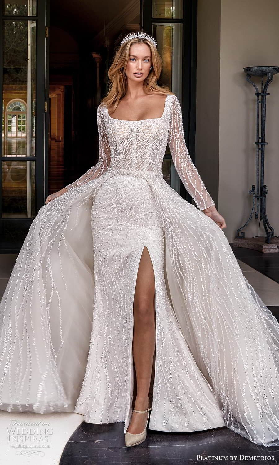 demetrios 2023 platinum bridal sheer long sleeve square neckline fully embellished fit flare shear mermaid wedding drss slit skirt chapel train a line overskirt (20 ) mv demetrios 2023 platinum bridal sheer long sleeve square neckline fully embellished fit flare shear mermaid wedding drss slit skirt chapel train a line overskirt (20 ) mv