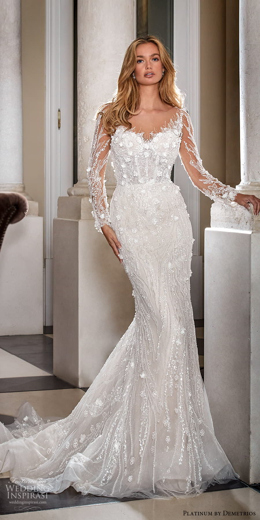 demetrios 2023 platinum bridal sheer long sleeve sweetheart neckline heavily embellished bodice sheath wedding dress chapel train (16) mv