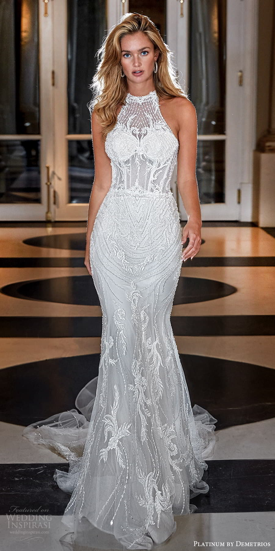 demetrios 2023 platinum bridal sleeveless halter neckline fully embellished sheath wedding dress chapel train (3) mv