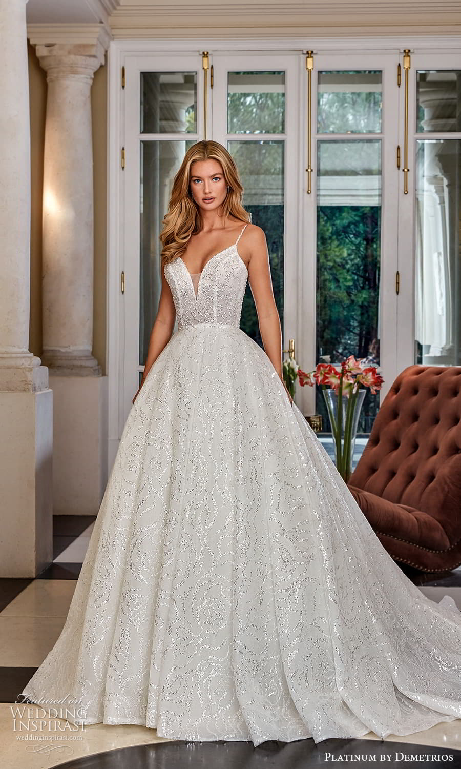 demetrios 2023 platinum bridal sleeveless strap plunging v neckline fully embellished a line ball gown wedding dress chapel train (19) mv